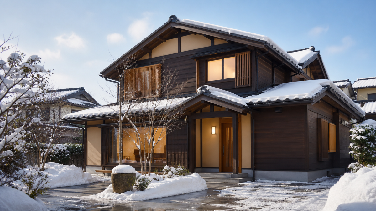 雪の中でも暖かさを感じる石川の木造住宅