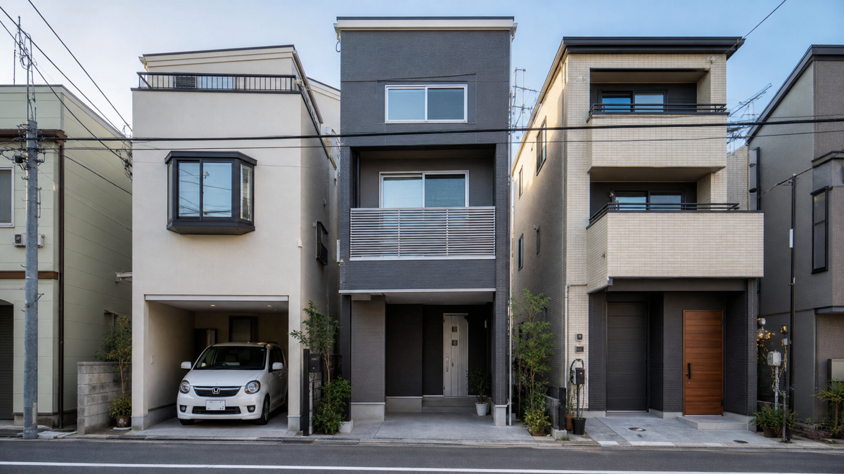 都市部に建つ個性の異なる戸建て住宅