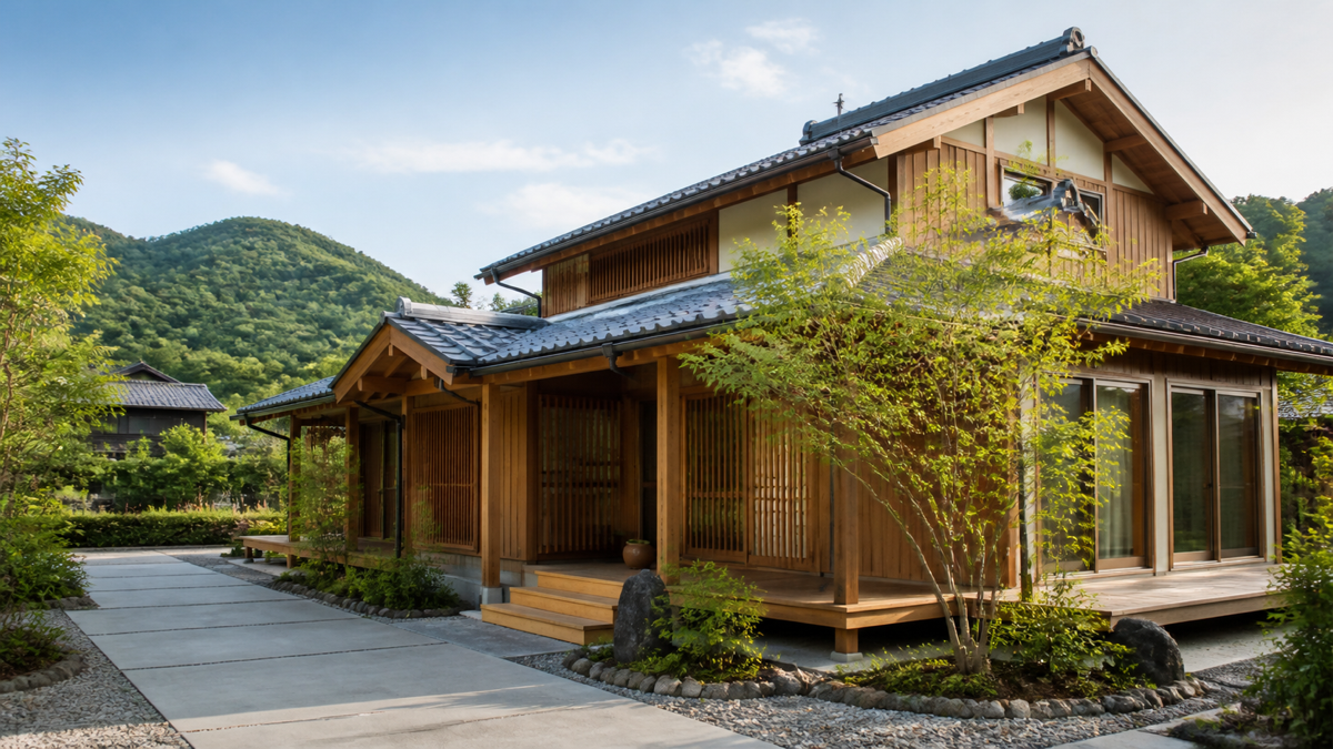 緑の山を背景にした熊本の木造住宅