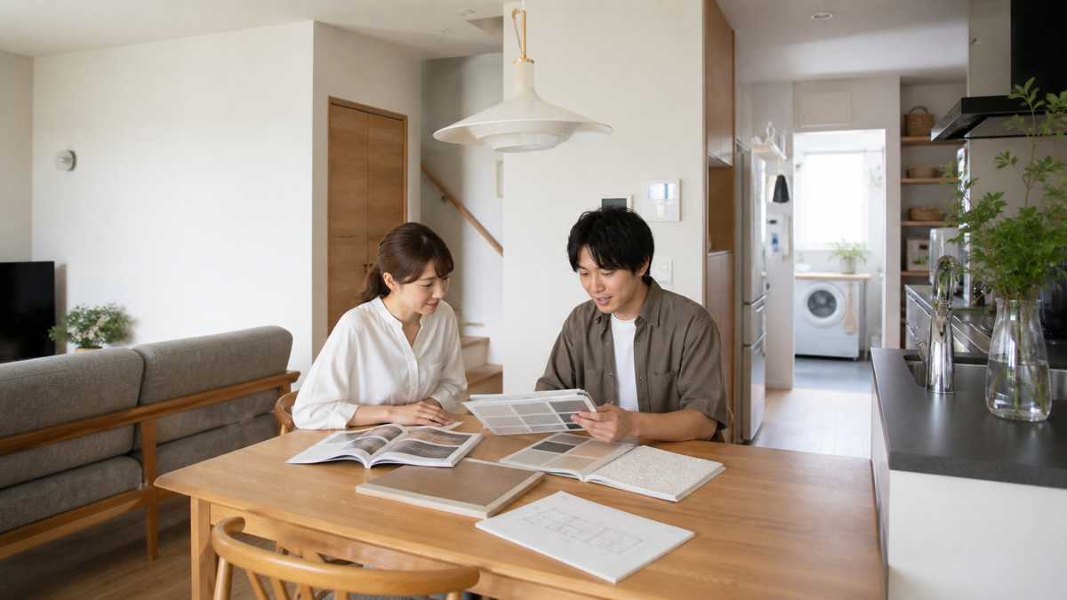 住宅の内装サンプルを比較する夫婦