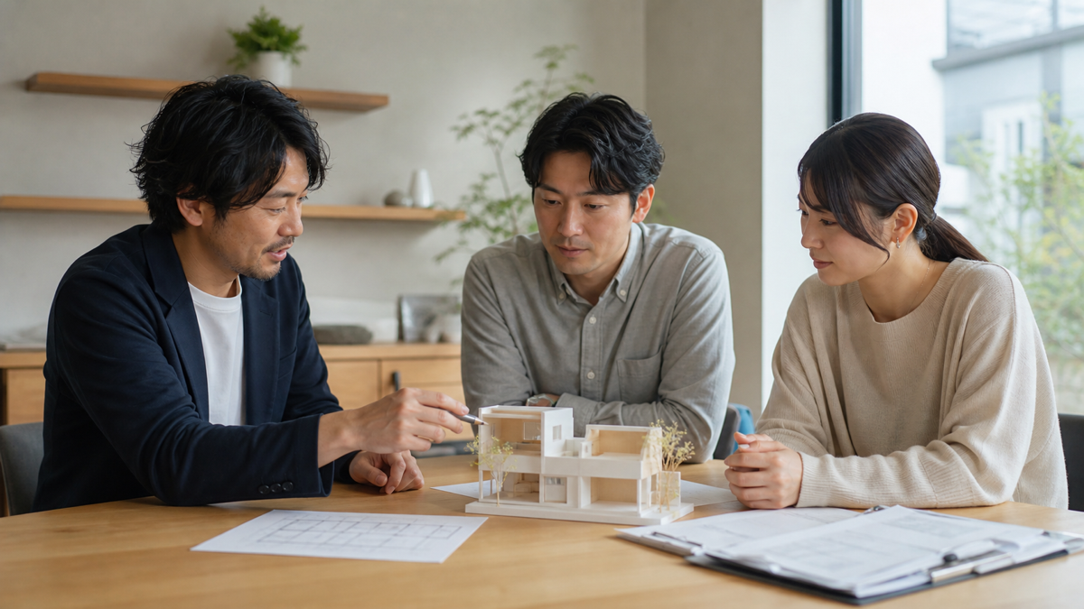 大阪の都市型住宅模型を説明する設計者