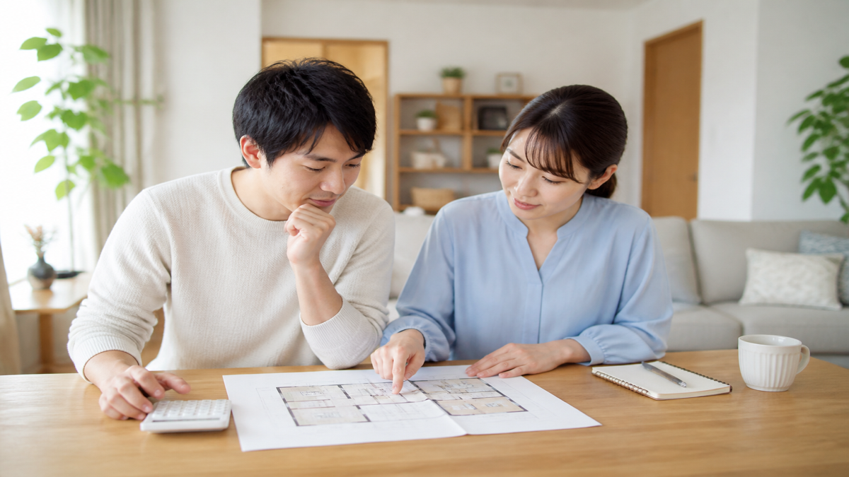 住宅費用と間取りを相談する夫婦