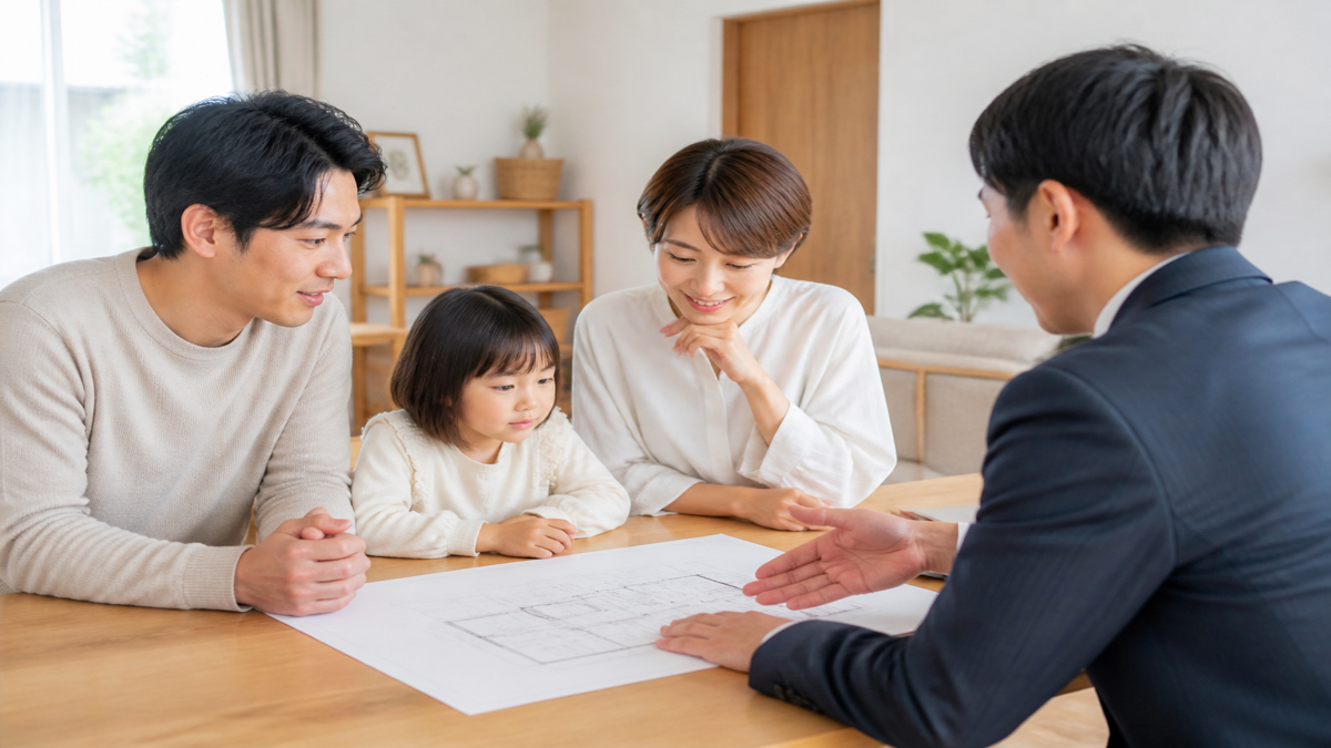 住宅会社の担当者と間取りを相談する家族