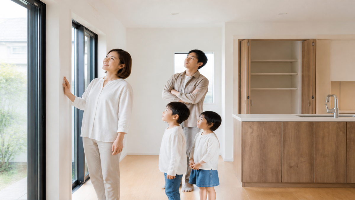 完成した建売住宅の設備を確認する家族