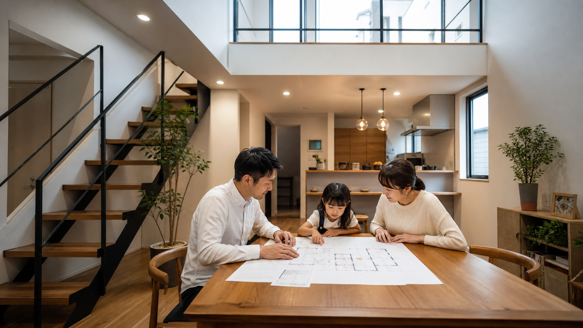 都市型住宅の明るいリビングで間取りを見る家族