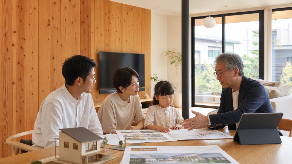 木質パネルを生かした住宅で性能説明を受ける家族