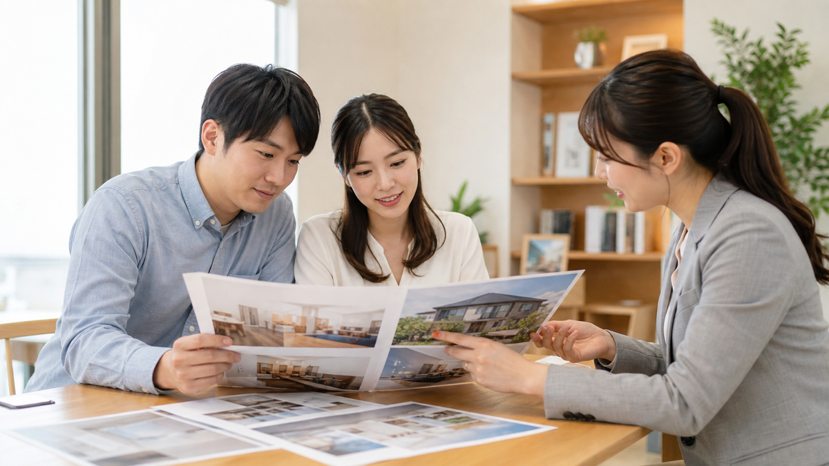 住宅会社の資料を比べる夫婦