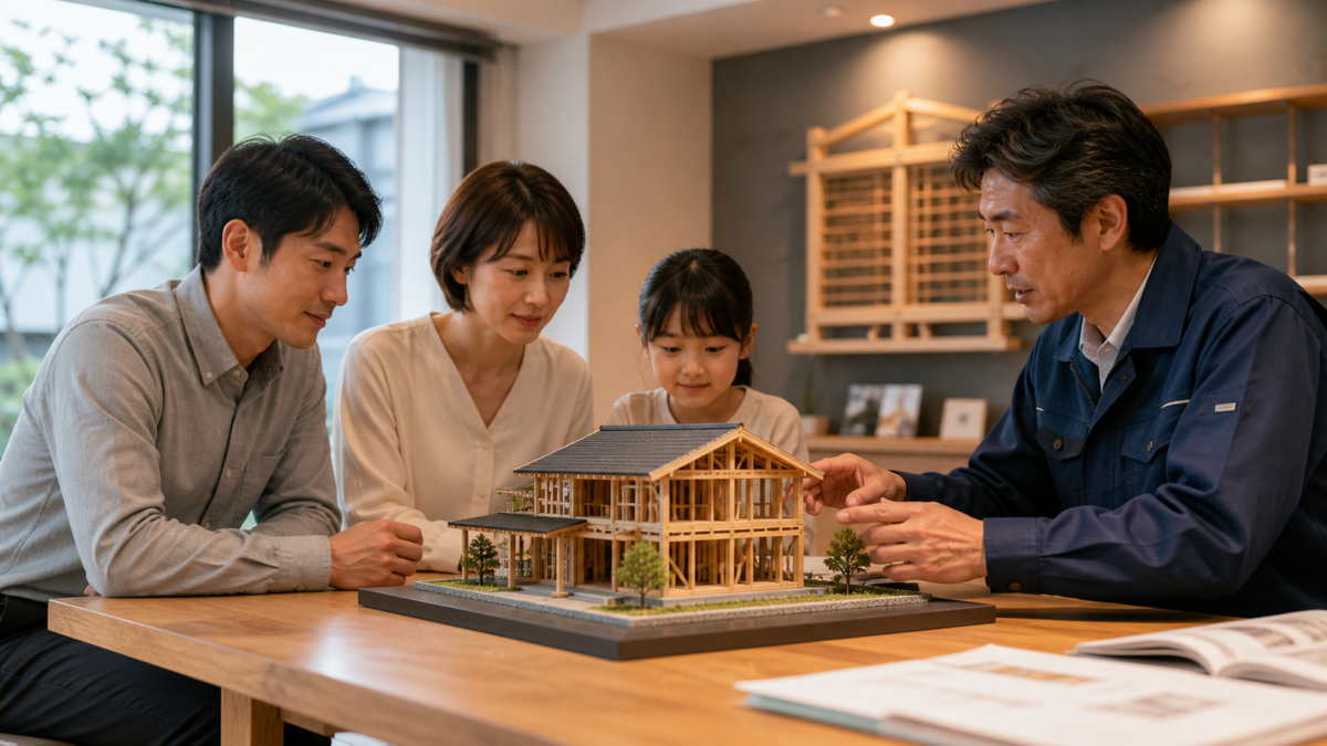 木造住宅の構造模型を家族へ説明する担当者