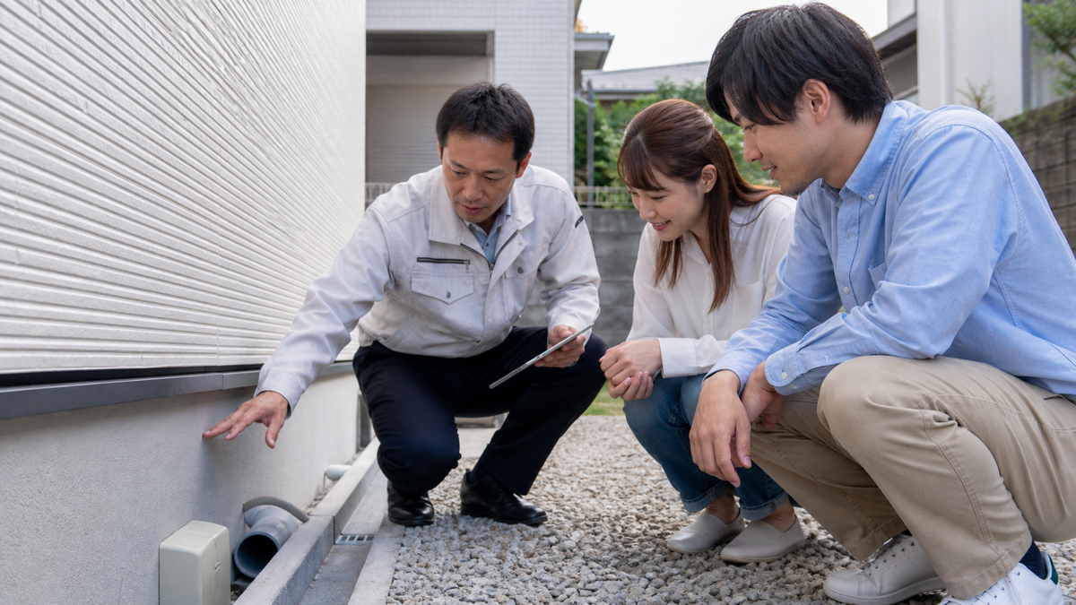 新築住宅の基礎と排水を確認する様子