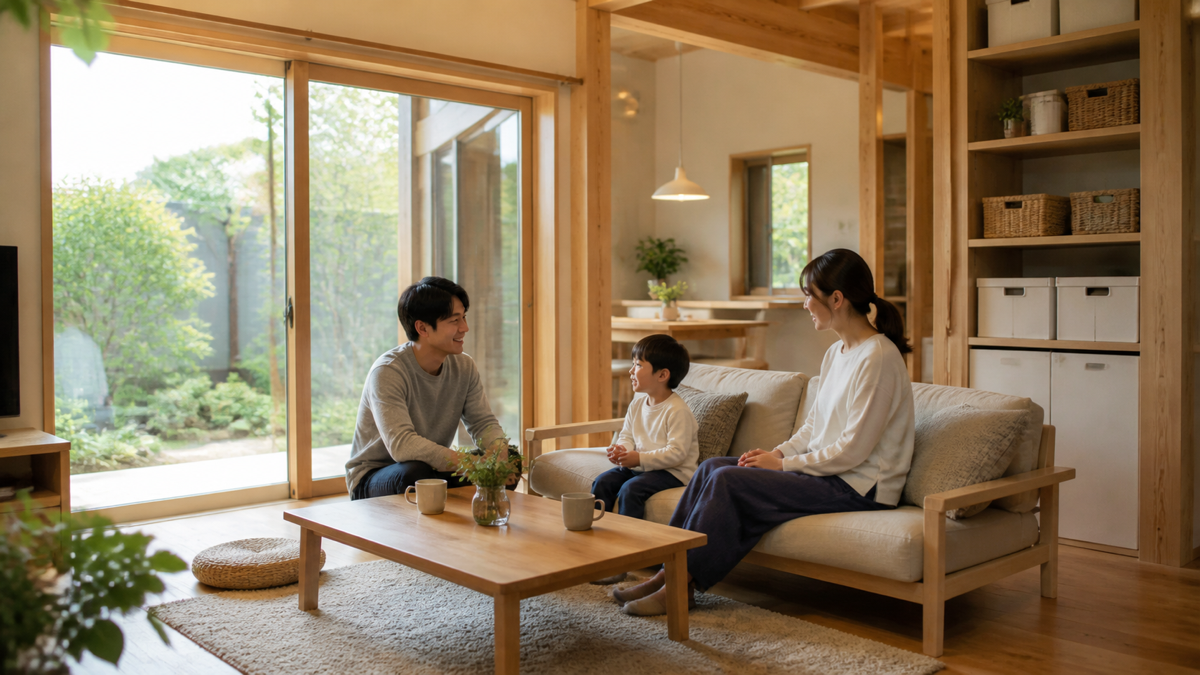木の家で落ち着いて過ごす愛知の家族