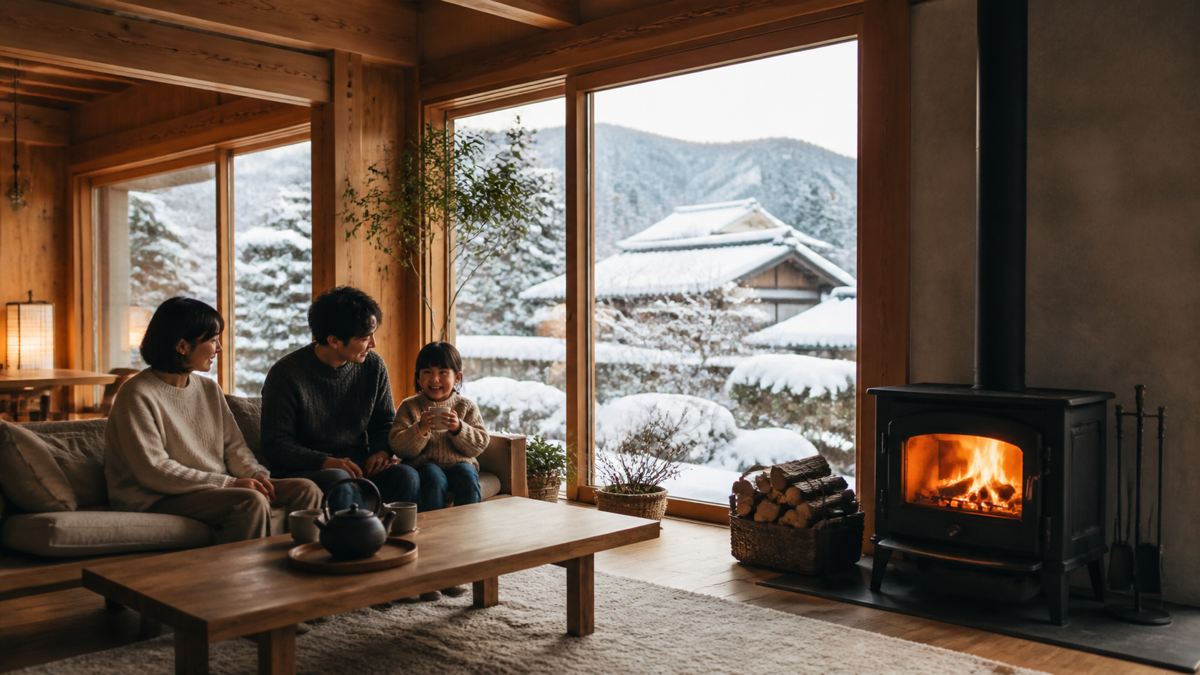 雪景色を眺めながら暖かく過ごす石川の家族