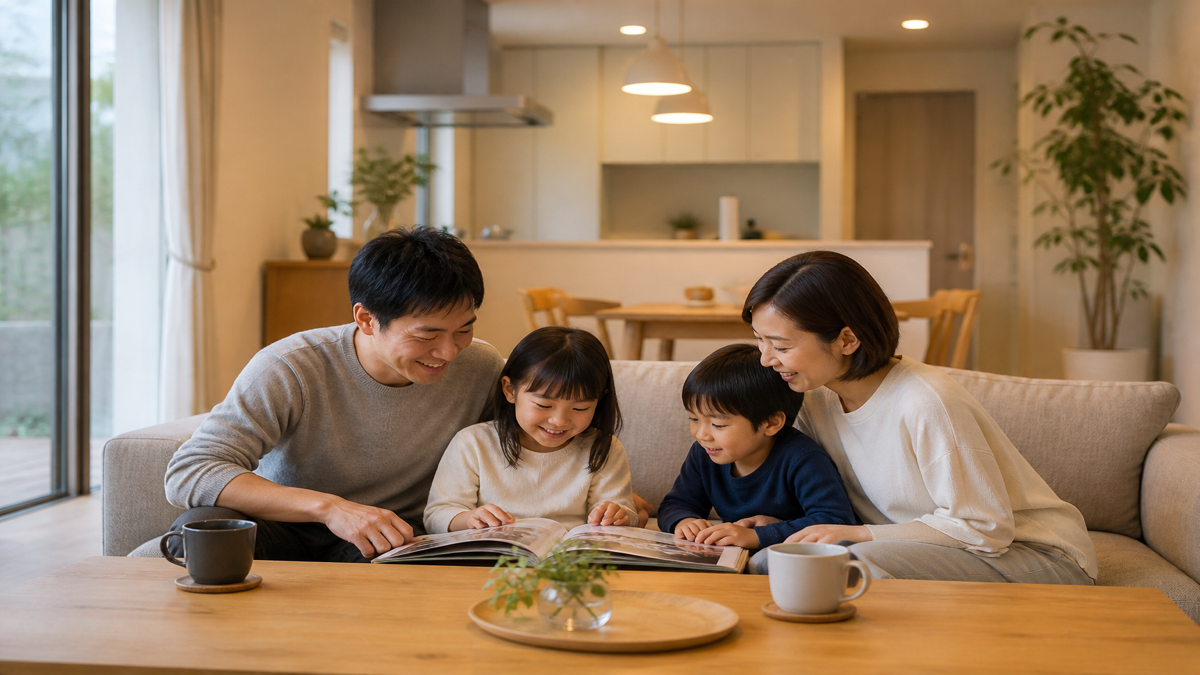 建売住宅のリビングでくつろぐ家族