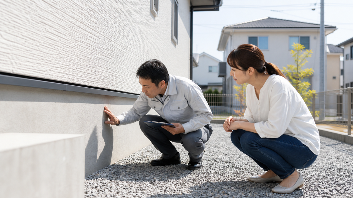 新築戸建ての基礎を点検する様子