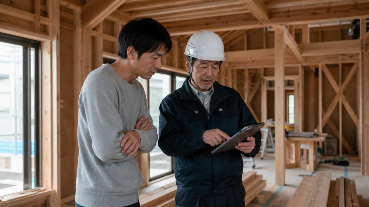 注文住宅の工事記録を確認する施主と検査担当者