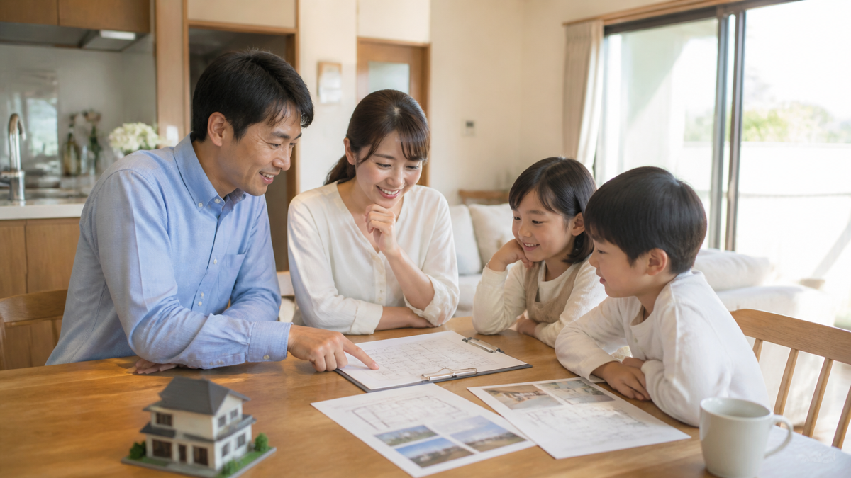 住宅の点検項目を家族で確認する様子