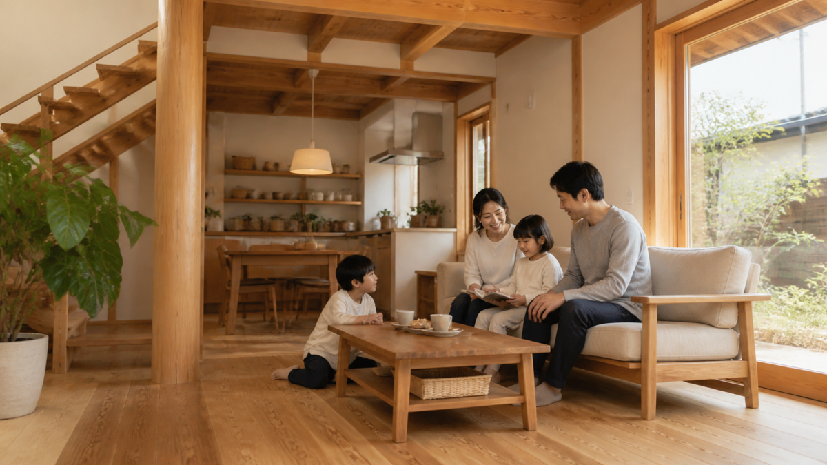 熊本の木の家でくつろぐ家族