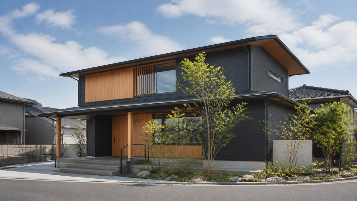 黒い外壁と木を組み合わせた注文住宅のイメージ