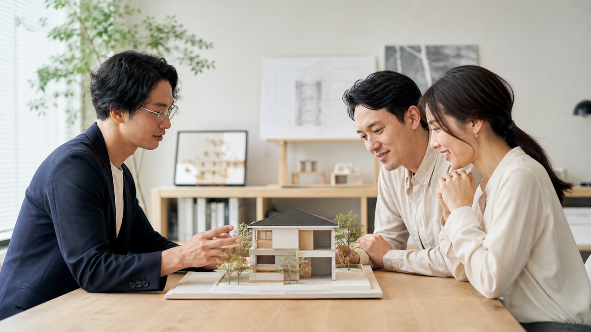 建築士と住宅模型を見ながら相談する夫婦のイメージ