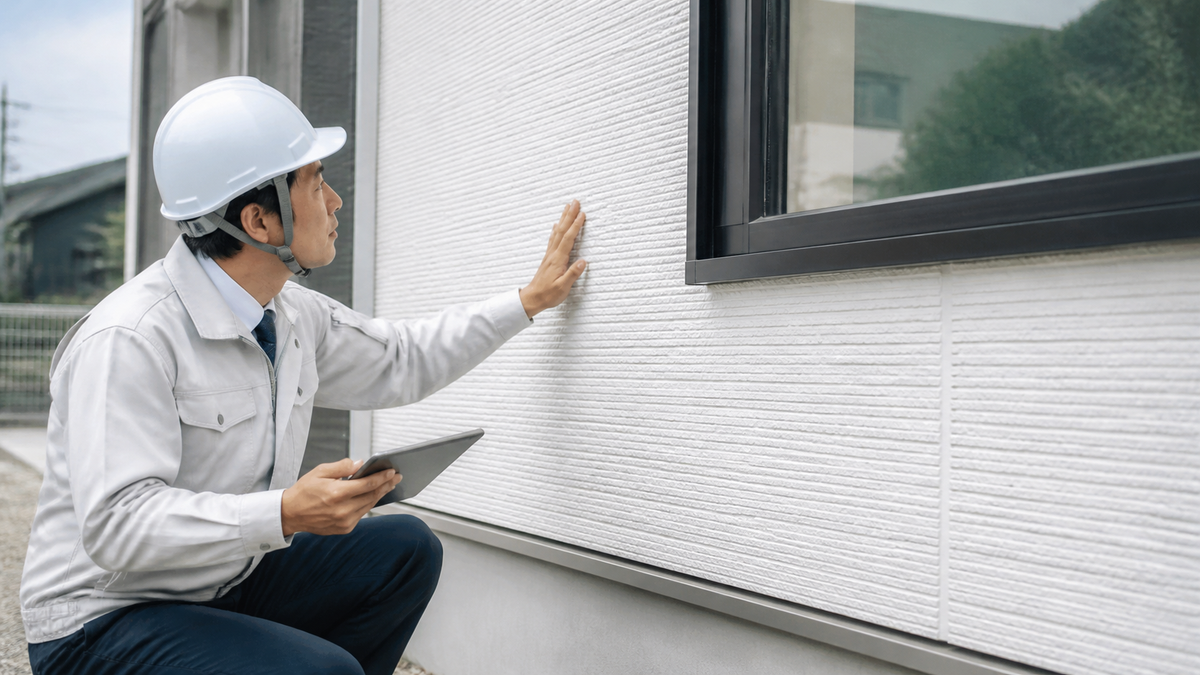 新築住宅の外壁と窓を確認する検査員のイメージ