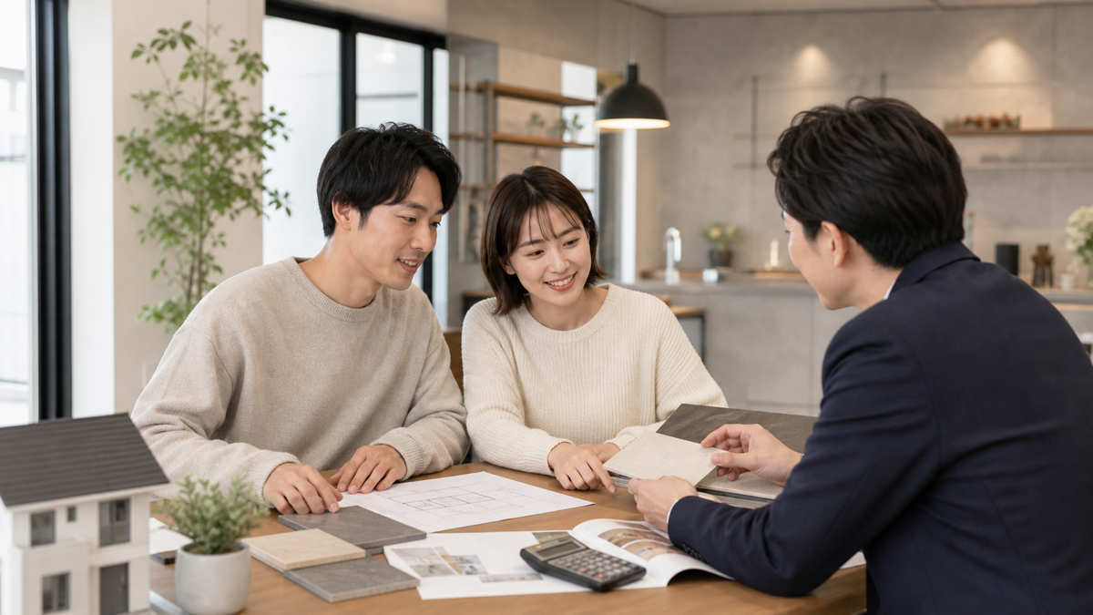 住宅会社で仕様を相談する夫婦のイメージ