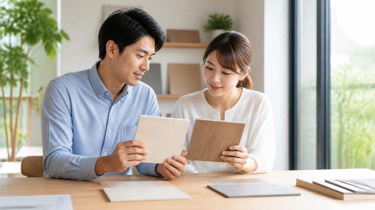 住宅設備の素材を比較する夫婦のイメージ