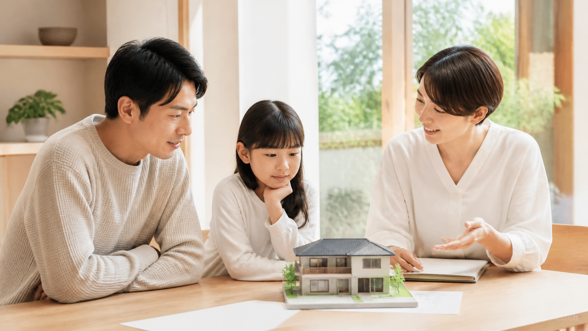 住宅模型を見ながら予算を相談する家族のイメージ