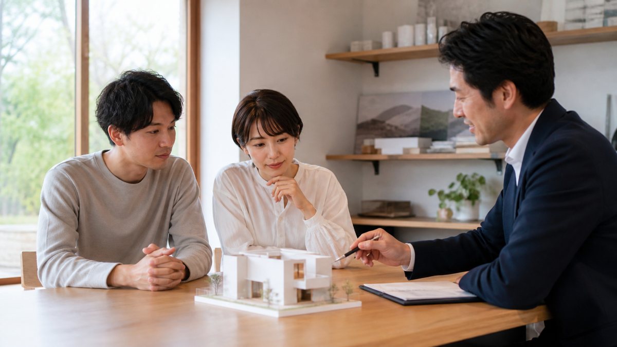 住宅模型と見積書を見ながら相談する家族のイメージ