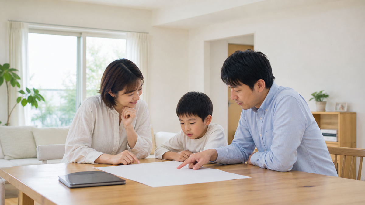 住宅の仕様書を比較する子育て世帯のイメージ
