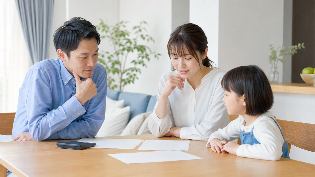 住宅ローンの返済計画を確認する家族のイメージ