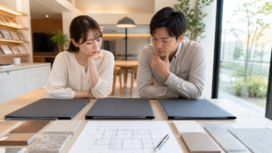 住宅会社の見積もりと仕様を比べる夫婦