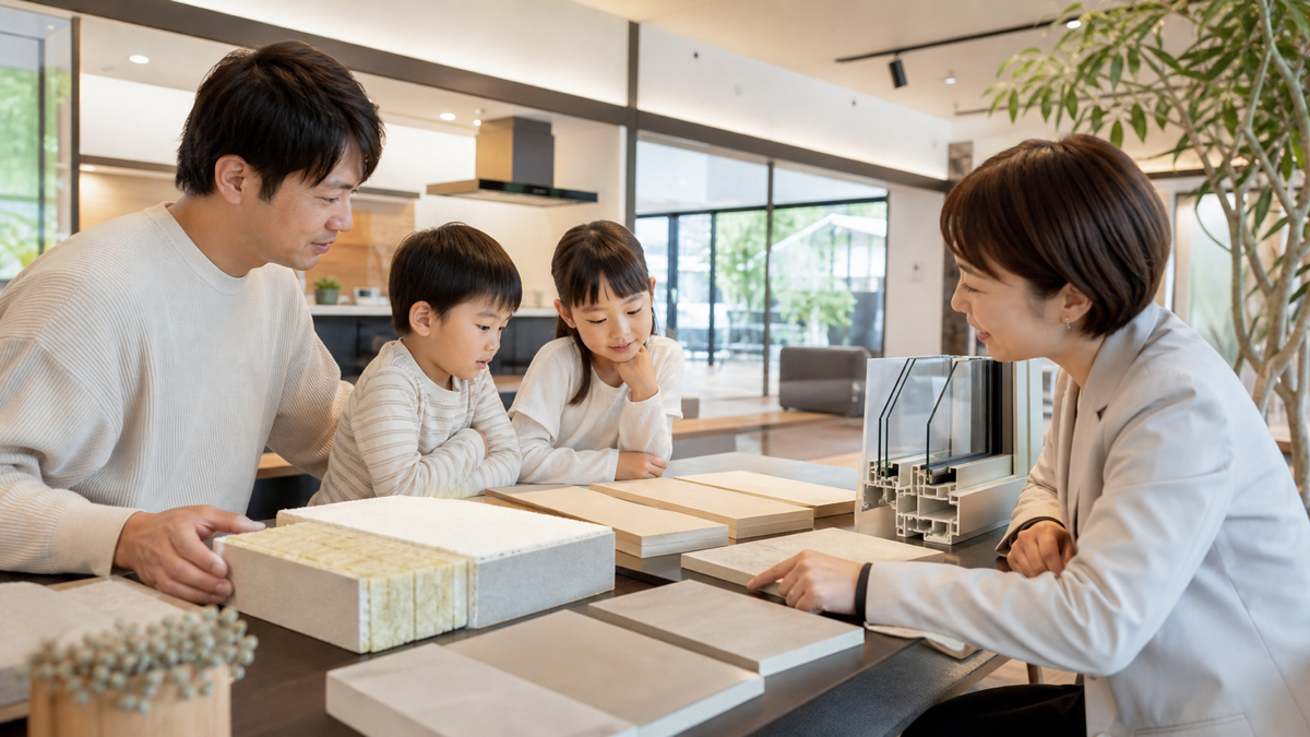 断熱材や窓と住宅設備を比べる家族