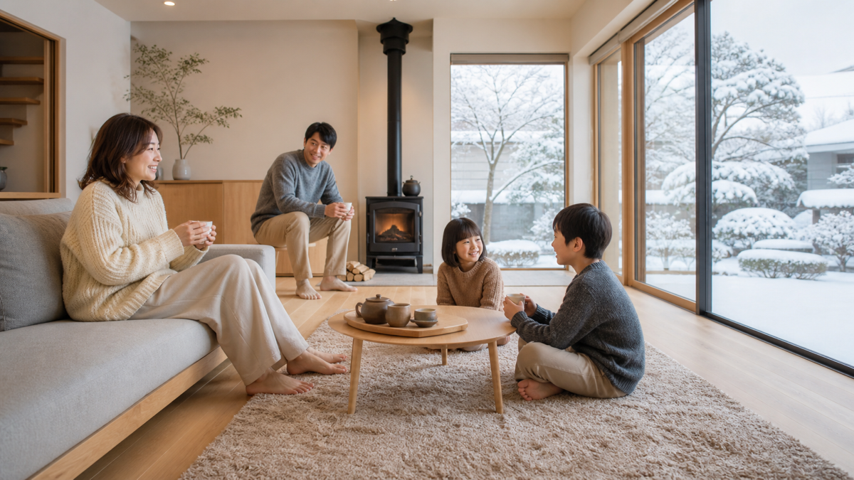 高断熱の住宅で冬も快適に暮らす家族