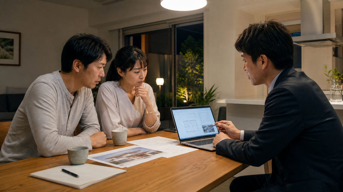 住宅会社の状況と契約内容を担当者へ確認する夫婦