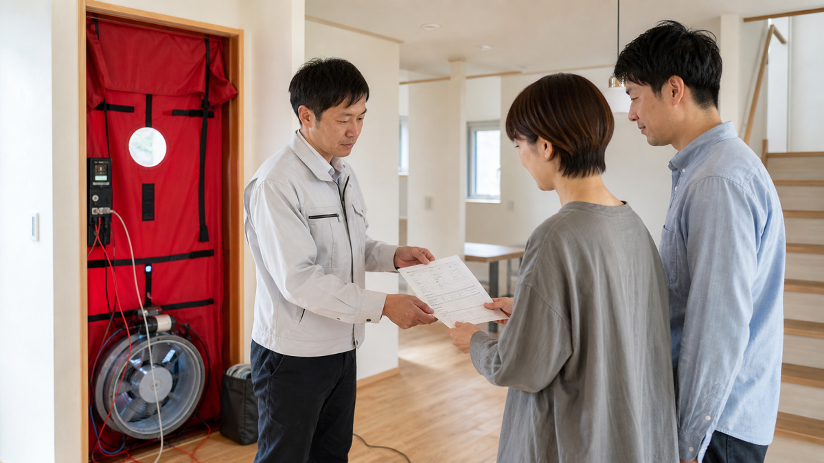 住宅の気密測定後に検査報告書を受け取る夫婦