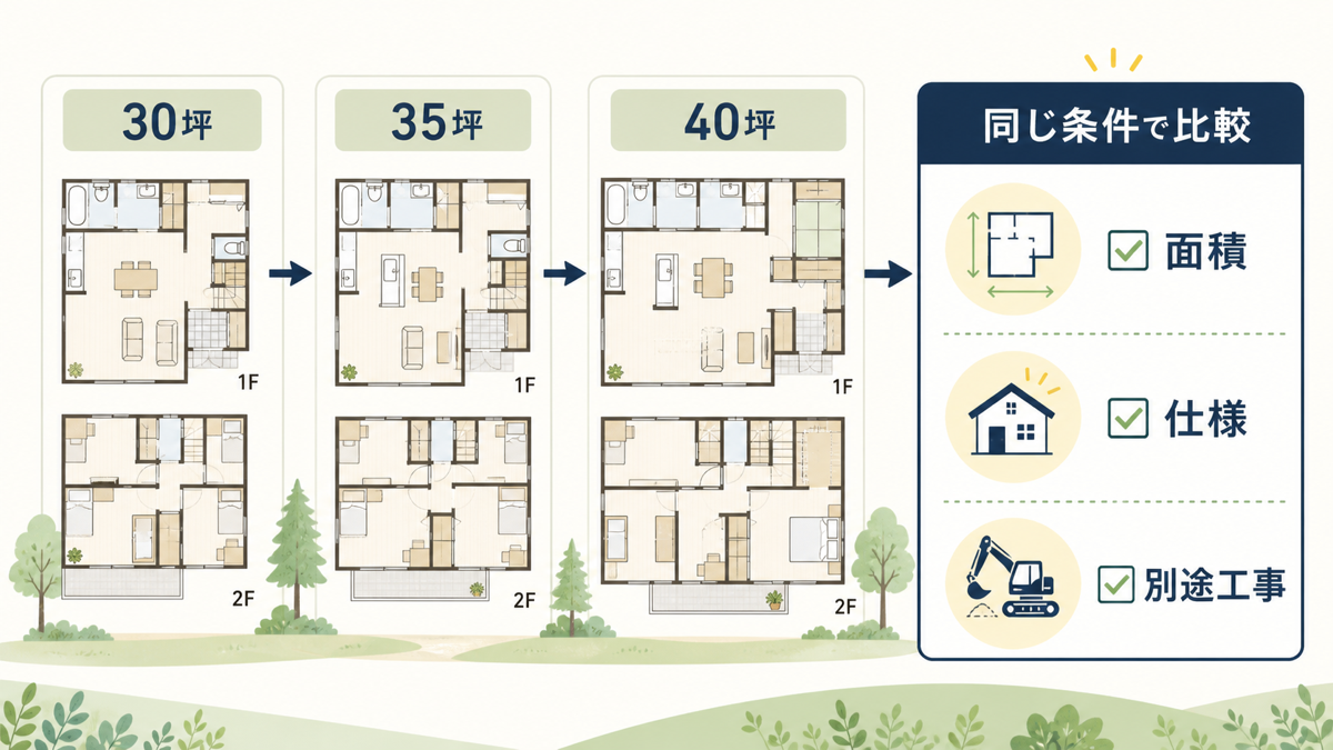30坪・35坪・40坪の見積条件を比べる図