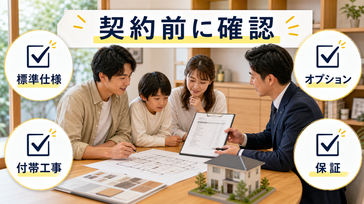 注文住宅の契約前に仕様と費用を確認する家族