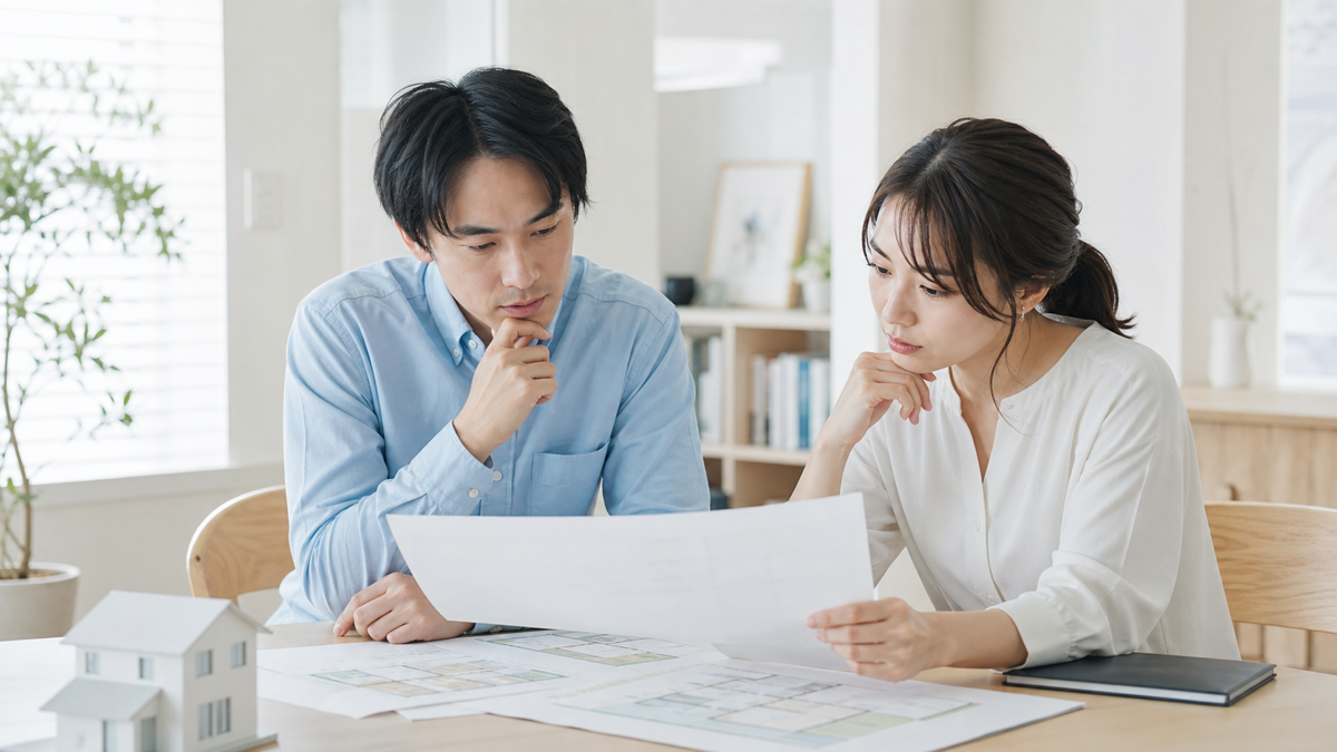 住宅会社の見積書を慎重に確認する家族のイメージ