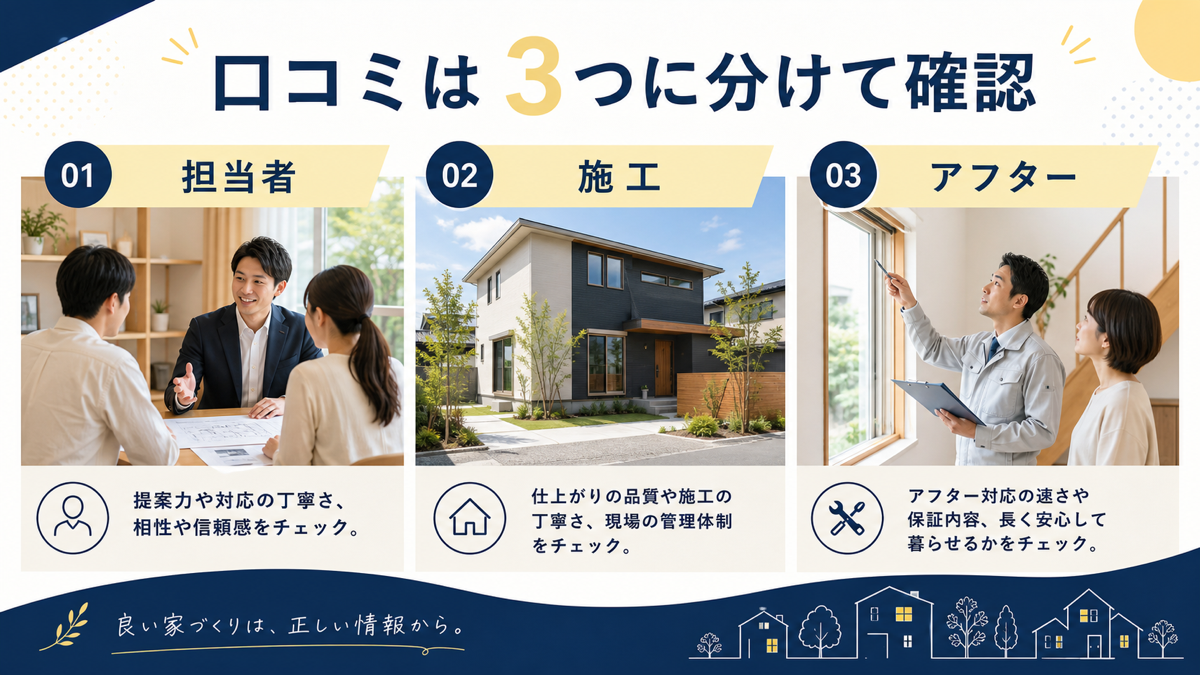 アイ工務店の口コミを担当者・施工・アフターの3つに分けて確認するイメージ