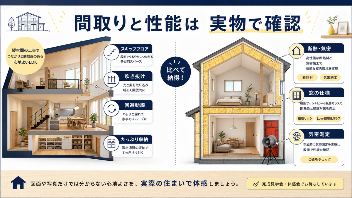 自由設計の間取りと住宅性能を実物で確認するイメージ