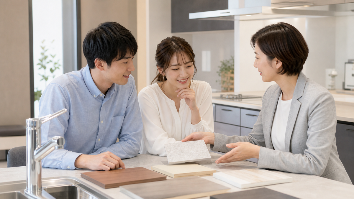 標準設備とオプションを比べる夫婦のイメージ