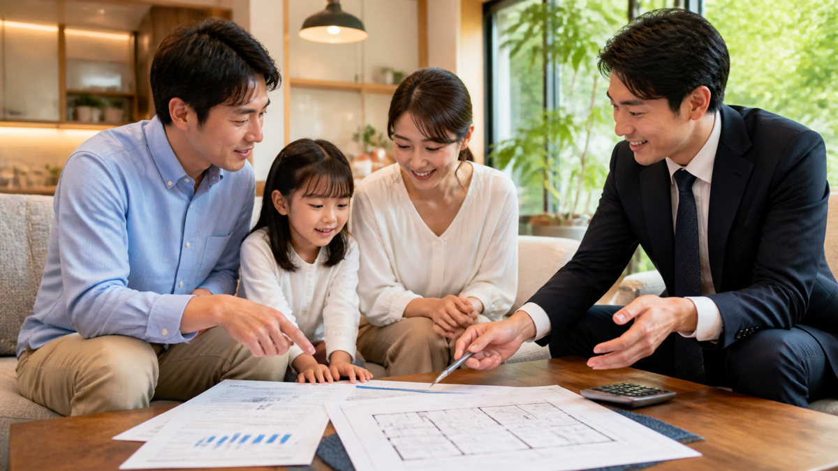 家族が住宅の見積もりと間取りを確認する様子