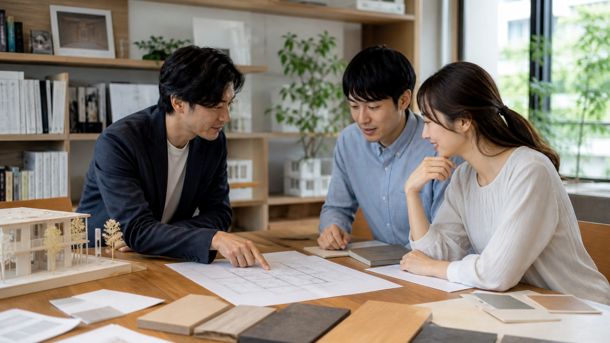 設計士と床材や間取りを比較するイメージ
