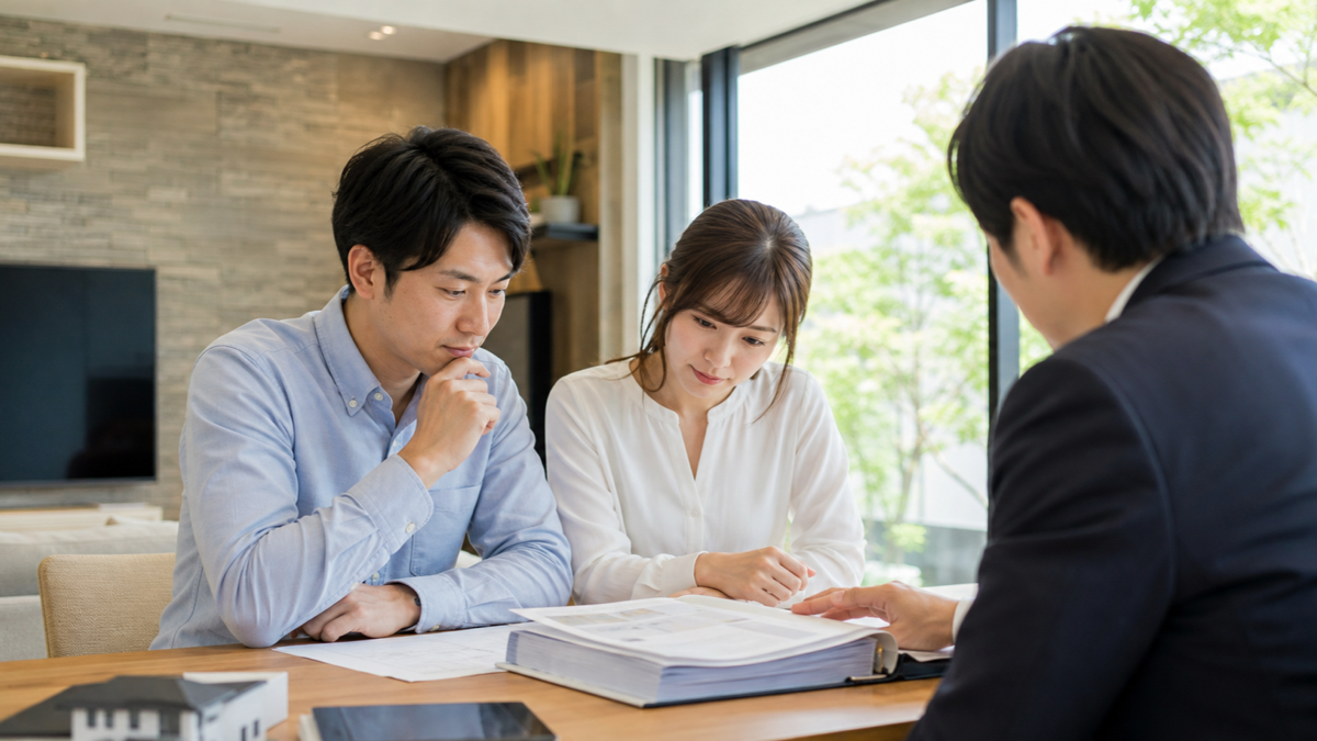 住宅会社の見積書を慎重に確認する家族のイメージ