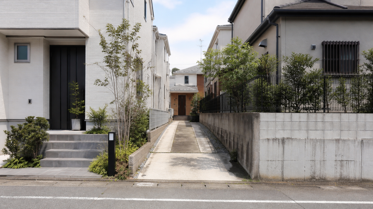 道路から細い通路の奥に住宅が見える旗竿地のイメージ