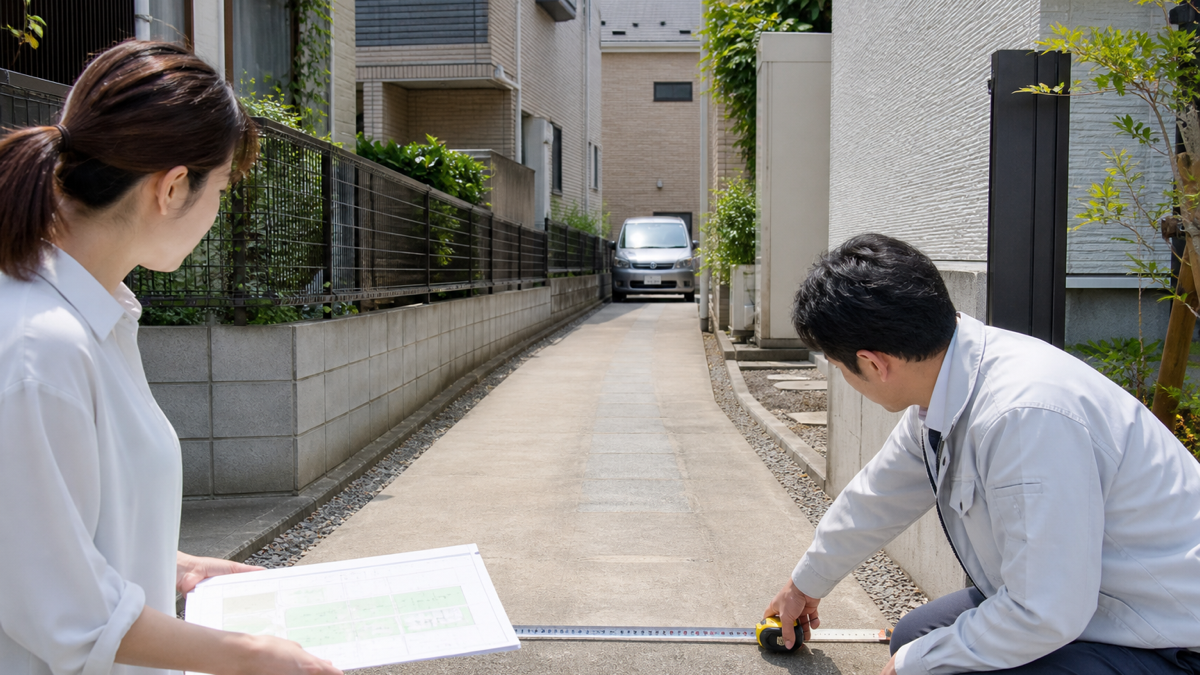 旗竿地の通路幅を測り境界資料を確認するイメージ