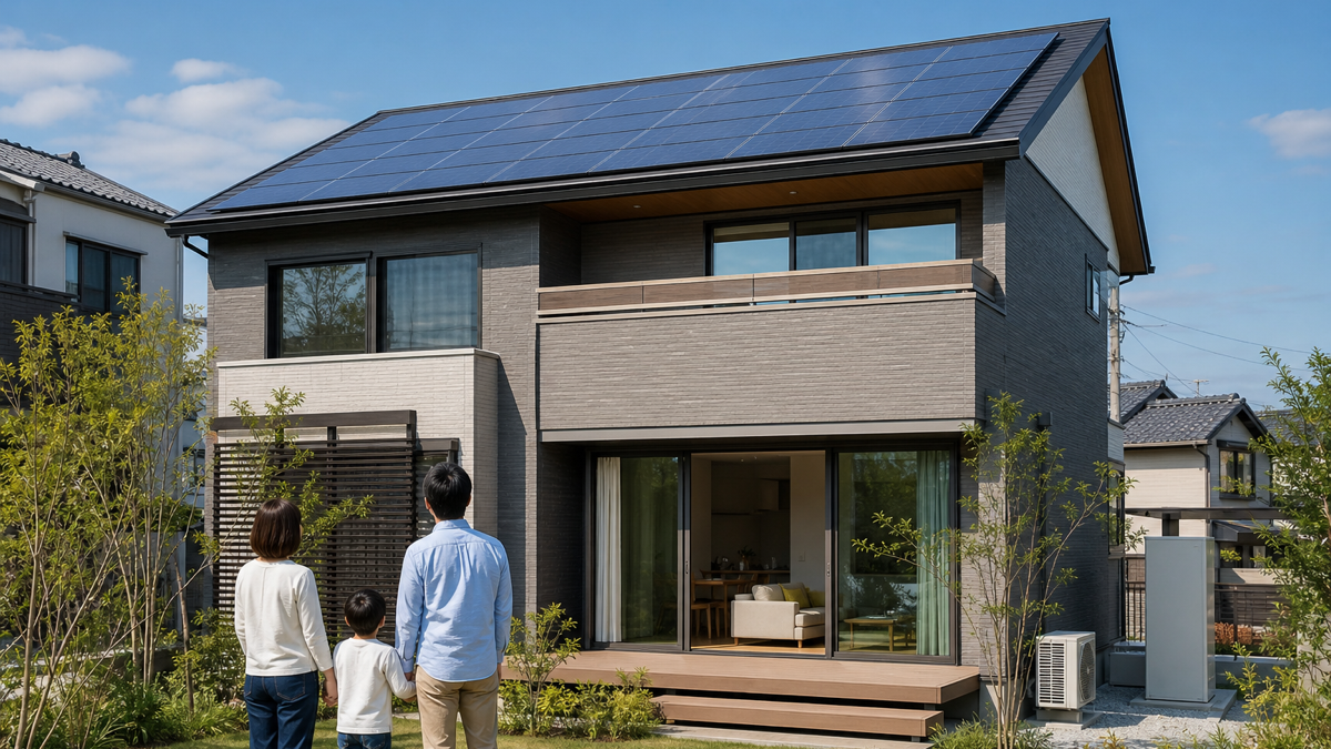 太陽光発電と蓄電池を備えた住宅を家族で見るイメージ