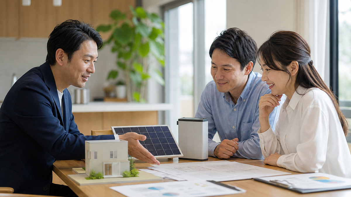 太陽光パネルと蓄電池の説明を受ける家族のイメージ
