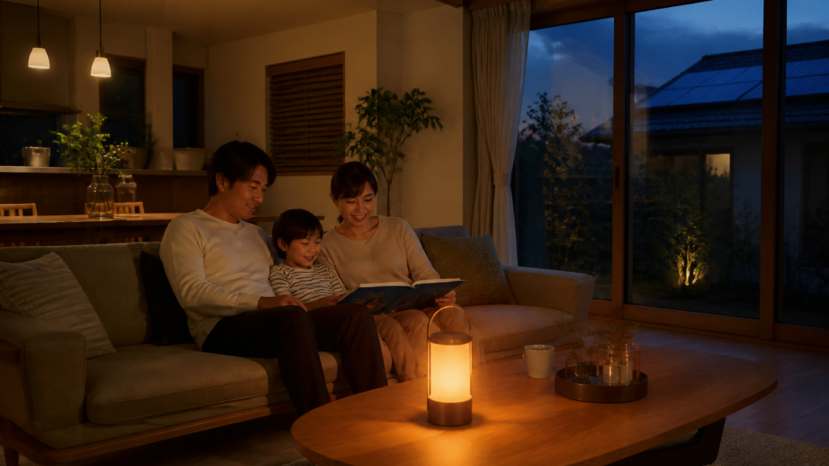 蓄電池の電気で夜を過ごす家族のイメージ