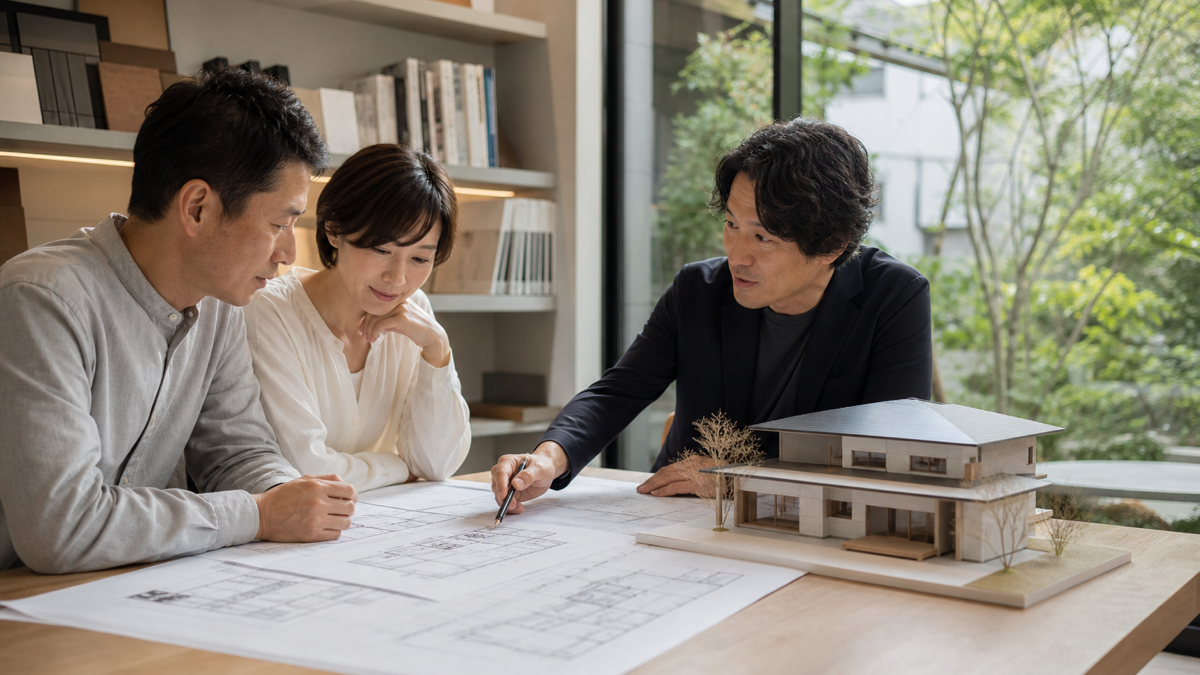 住宅模型を前に設計士と間取りを相談するイメージ