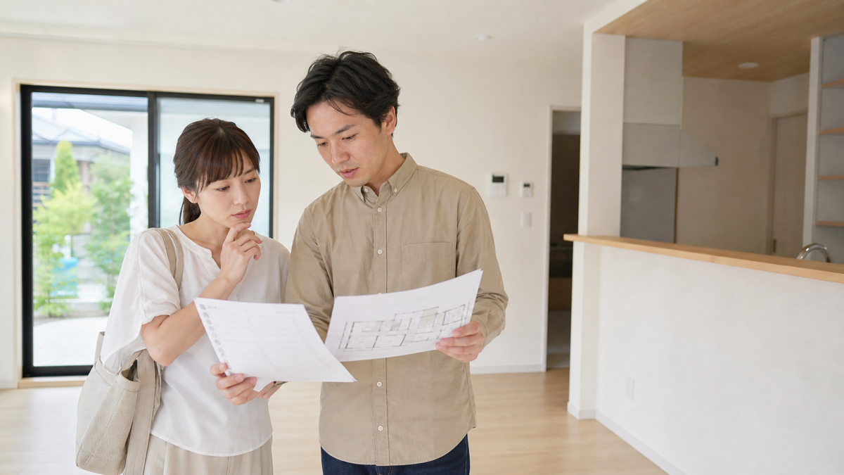 ブルーミングガーデンを検討して新築住宅を内覧する夫婦